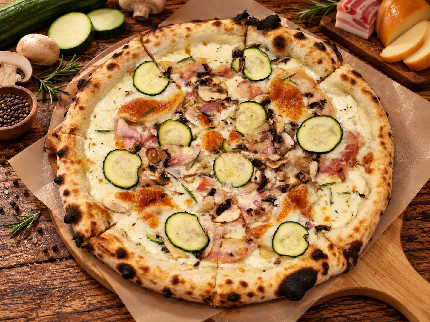 Pancetta e Funghi, Pizza 32 cm, ciasto neapolitańskie