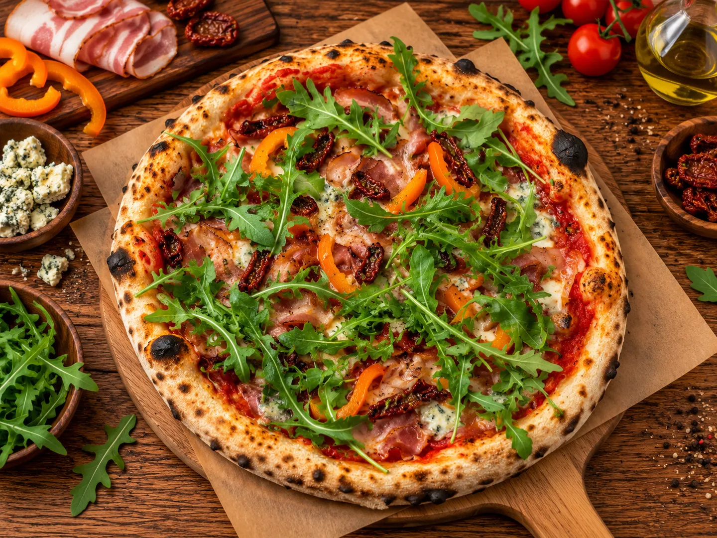 Pancetta e Pomodori Secchi, Pizza 32 cm, ciasto neapolitańskie